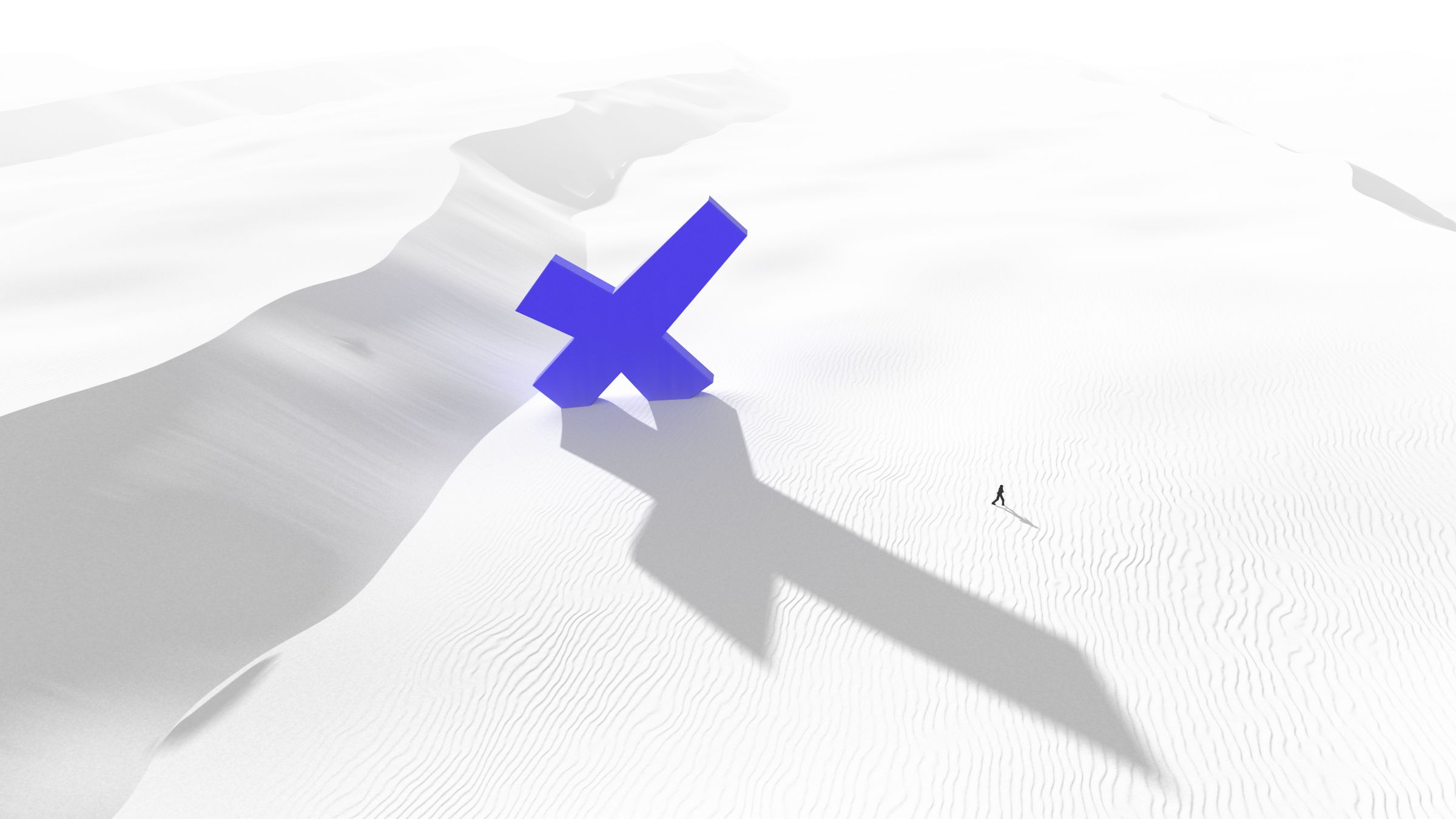 A giant violet X standing in white wind-rippled dunes, its long shadow crossing the sand as a small figure walks past