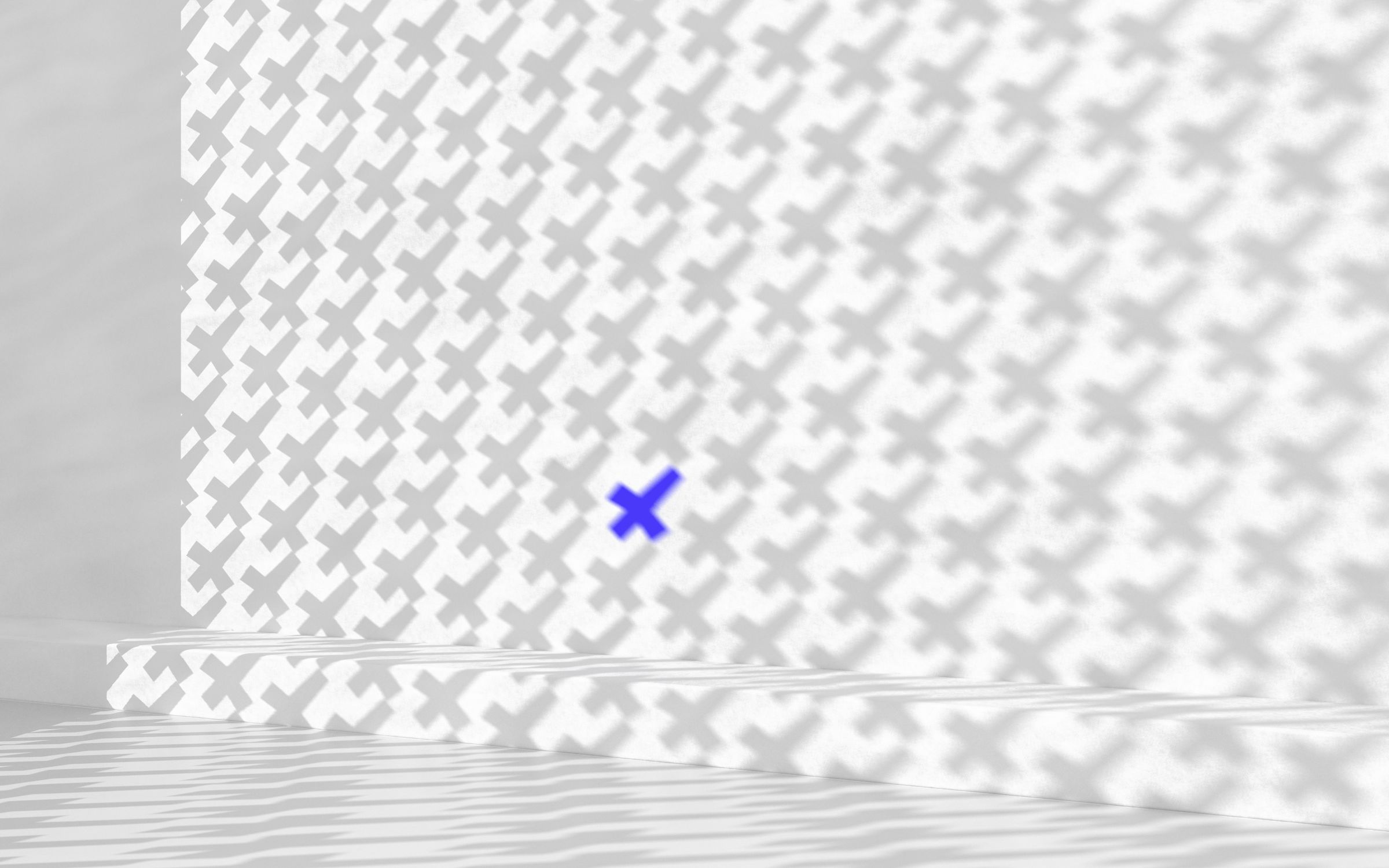Sunlight falling through a lattice of X shapes onto a white wall, with one X glowing violet