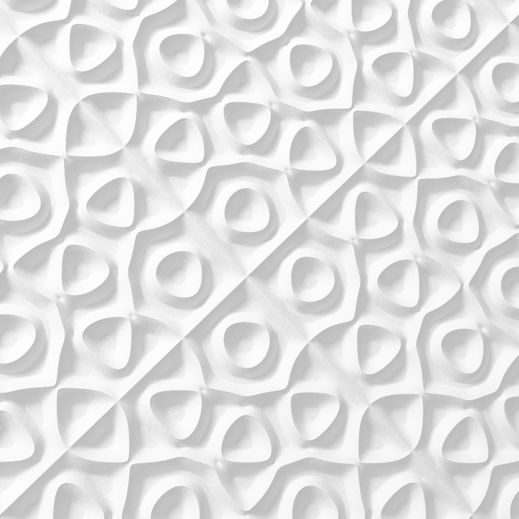 A white plaster relief with raised lines in a symmetrical pattern, lit from the side